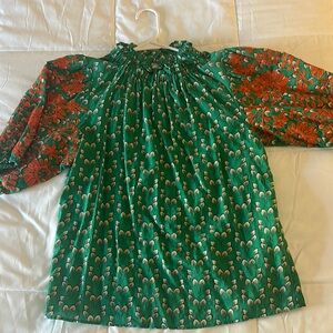 Green and Red Floral Blouse with Smocked Neckline